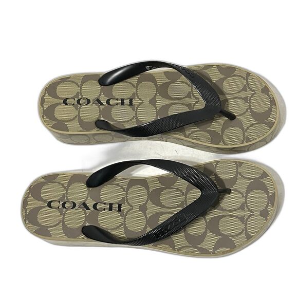COACH WMN’S Khaki/Black SIG C LYNN Platform Wedge Sandal/Flip Flops Sz 9 - Picture 4 of 10